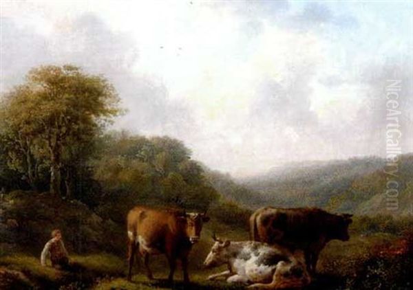 Landschaft Mit Hirten, Kuhen Und Schafen Oil Painting by Adolf Karel Maximilian Engel