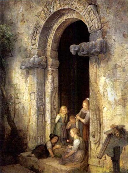 Spielende Kinder An Einem Romanischen Kirchentor Oil Painting by Karl (von den Rabenau) Engel