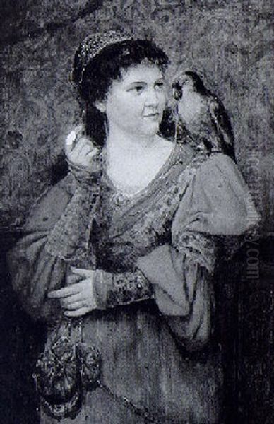 Dame In Rotem Kleid Mit Papagei Auf Der Schulter Oil Painting by Karl (von den Rabenau) Engel