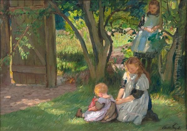 Drei Madchen Im Garten Oil Painting by Otto Heinrich Engel