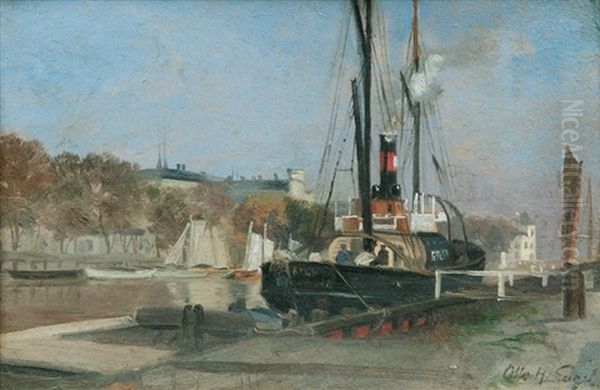 The Steamship Rugen In The Port Of Wismar Oil Painting by Otto Heinrich Engel