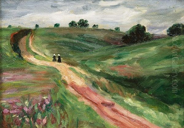 Two Girls In A Landscape In Schleswig-holstein Oil Painting by Otto Heinrich Engel