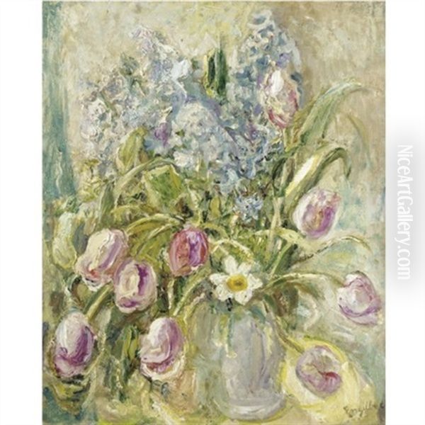 Still Life Of Tulips And Hyacinth by Florence Engelbach