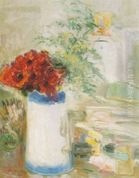 Still Life With Poppies In A Blue And White Pitcher by Florence Engelbach