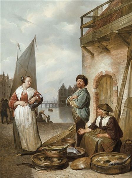 Poissonniers Au Port Oil Painting by Willem Jodocus Mattheus Engelberts