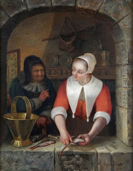 Jeune Servante Nettoyant Un Poisson Dans La Fenetre Oil Painting by Willem Jodocus Mattheus Engelberts