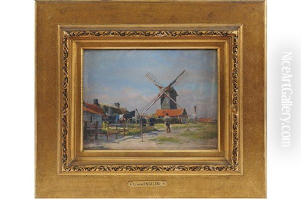 A Town With A Windmill Oil Painting by Louis Van Engelen