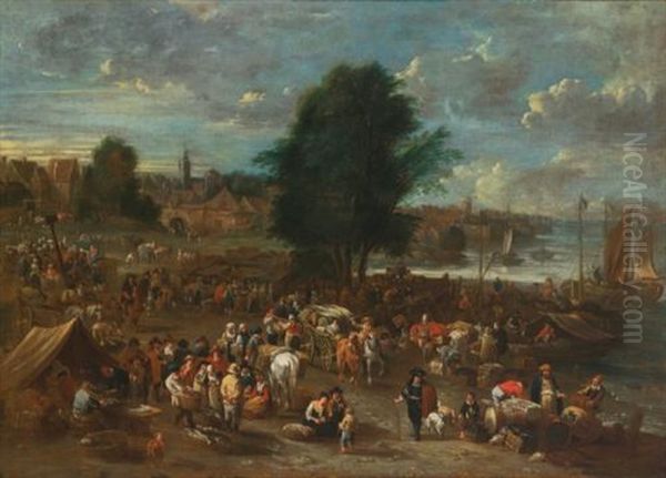 A Market Scene Along A River With Figures Selling Their Wares Oil Painting by Peter van Engelen