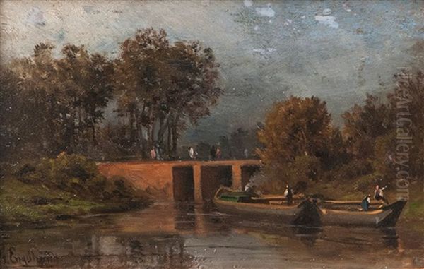 River Landscape With Promenaders On A Bridge Oil Painting by Georg Engelhardt