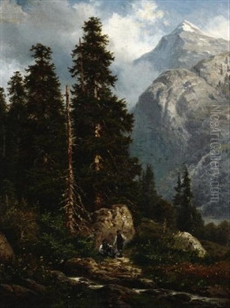 Hochgebirgslandschaft Mit Jagern Bei Der Rast Oil Painting by Georg Engelhardt