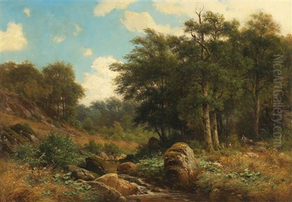 Women Gathering Brushwood By A Woodland Stream Oil Painting by Georg Hermann Engelhardt