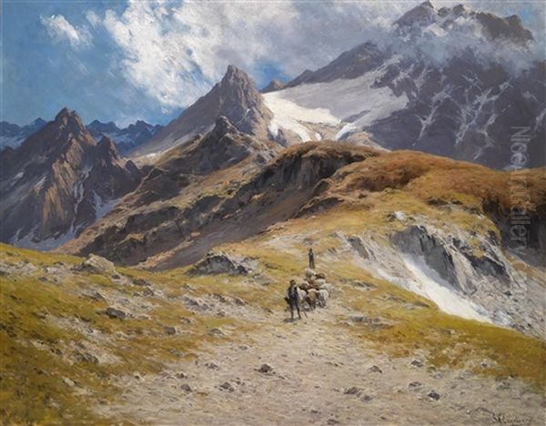 Auf Der Hochalm Im Hintergrund Schneebedecktes Gebirge Oil Painting by Georg Hermann Engelhardt