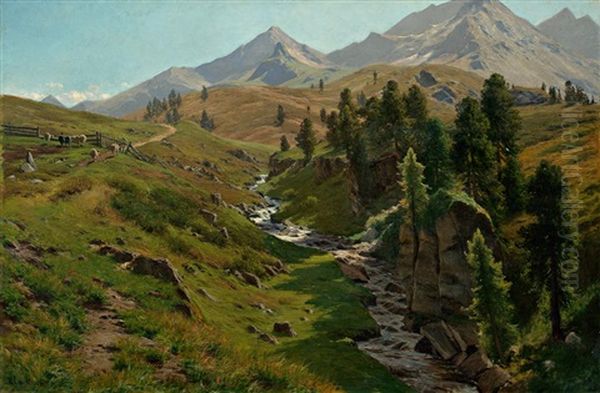 Sommerlandschaft Mit Hochalm Und Weidenden Kuhen Vor Gebirgspanorama Oil Painting by Georg Hermann Engelhardt