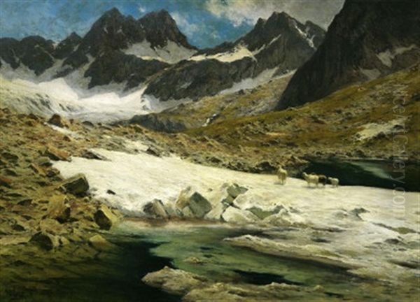 Im Hochgebirge. Schafe Auf Den Letzten Schneefeldern Vor Einem Gletschersee Oil Painting by Georg Hermann Engelhardt