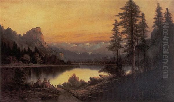 A Pomo Indian Encampment Oil Painting by Joseph John Engelhardt