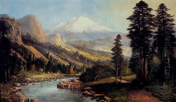 An Encampment Along A River Near Mount Shasta Oil Painting by Joseph John Engelhardt