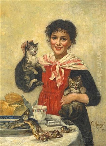 Madchen Mit Katzen Oil Painting by Catherine Caroline Engelhart