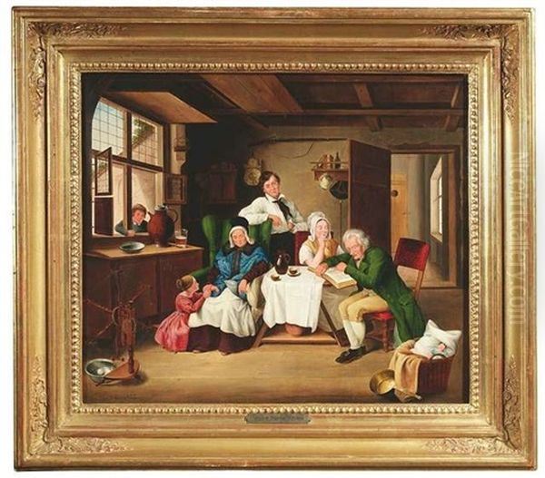 Stubeninterieur. Eine Familie Hat Sich Um Einen Tisch Gruppiert Oil Painting by Johann Andreas Engelhart