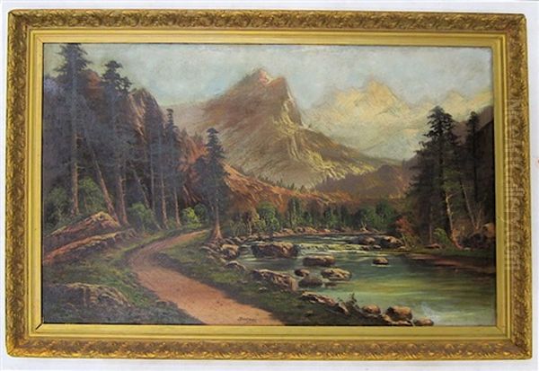 River Landscape With Mountains In The Background Oil Painting by John J. Engelhart