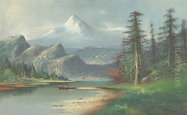 Mountain Landscape With Figures In Open Boat On Lake Oil Painting by John J. Engelhart