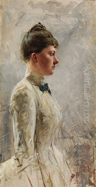 A Lady In A White Dress Oil Painting by Josef Engelhart