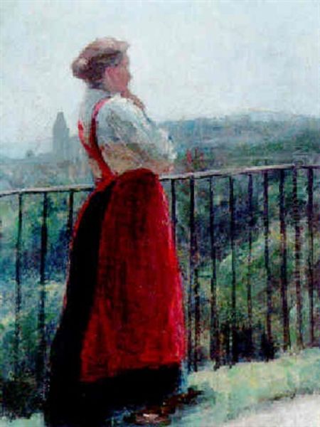 Mali Muller-millner In Rodaun Am Schlosbalkon Oil Painting by Josef Engelhart