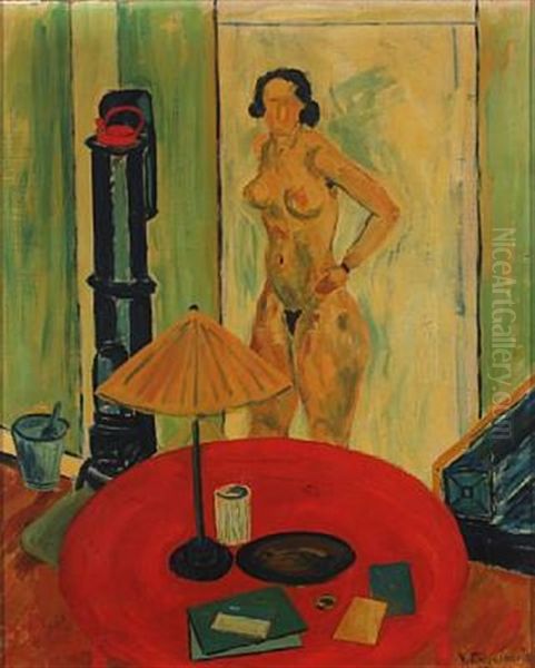 Naked Woman By Table Oil Painting by Valdemar Engelhart