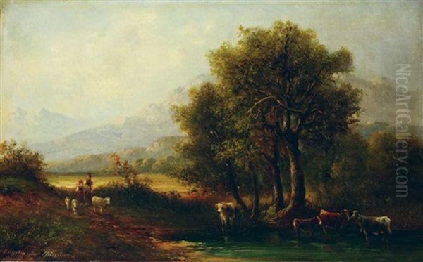 Gebirgslandschaft Mit Viehherde Oil Painting by Ernst Julius Engelmann