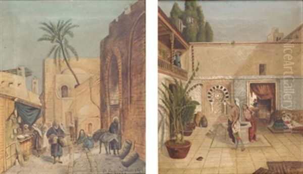 Strase In Tunis (+ Orientalischer Innenhof, 1890; 2 Works) Oil Painting by Friedrich Engels