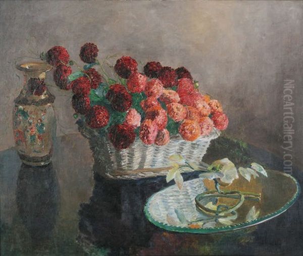 Nature Morte Avec Panier A Fleurs Et Un Vase Chinois by Leo Engels