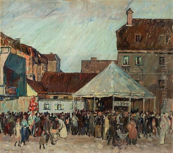 Ohne Titel (volksfest) (+ Figurenszene , Verso) Oil Painting by Robert Engels