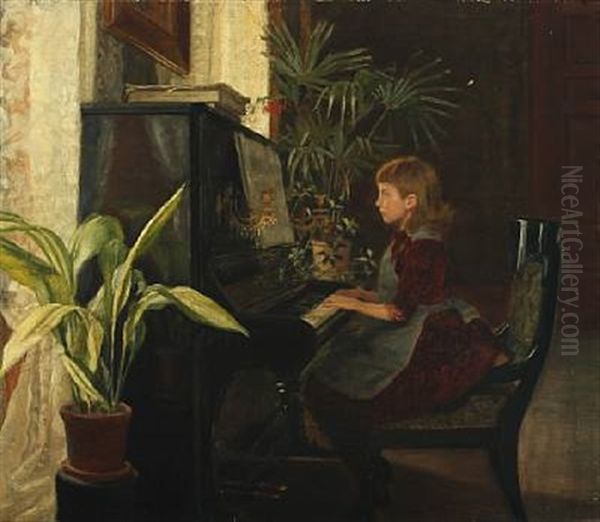 Interior With A Girl Playing The Piano Oil Painting by Malthe Odin Engelstedt