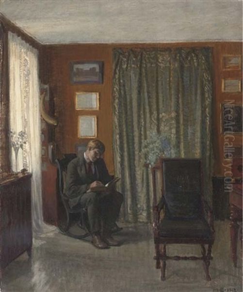 A Writer In An Interior Oil Painting by Malthe Odin Engelstedt