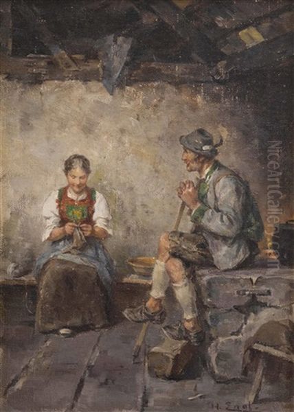 Dirndl Und Bauer Im Gesprach Oil Painting by Hugo Engl