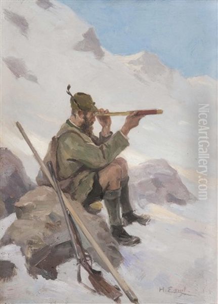 Jager Mit Fernrohr Im Hochgebirge Oil Painting by Hugo Engl