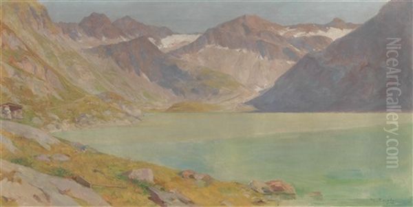 View Of The Finstertaler See In Kuhtai In The Stubaital Oil Painting by Hugo Engl