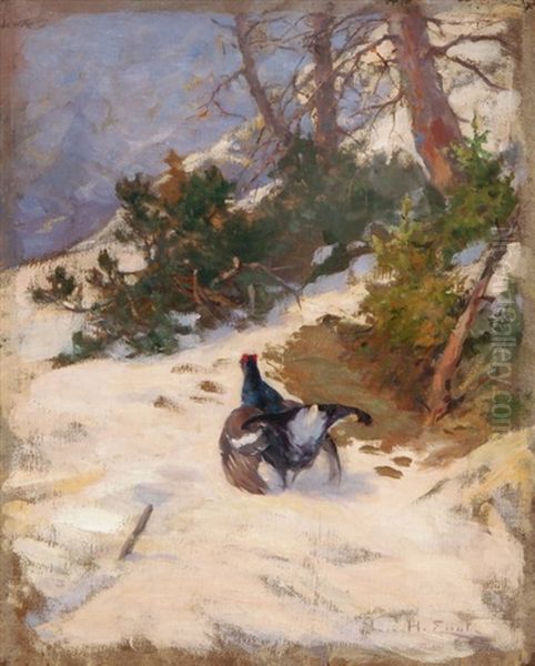 Balzender Auerhahn Im Schnee Oil Painting by Hugo Engl