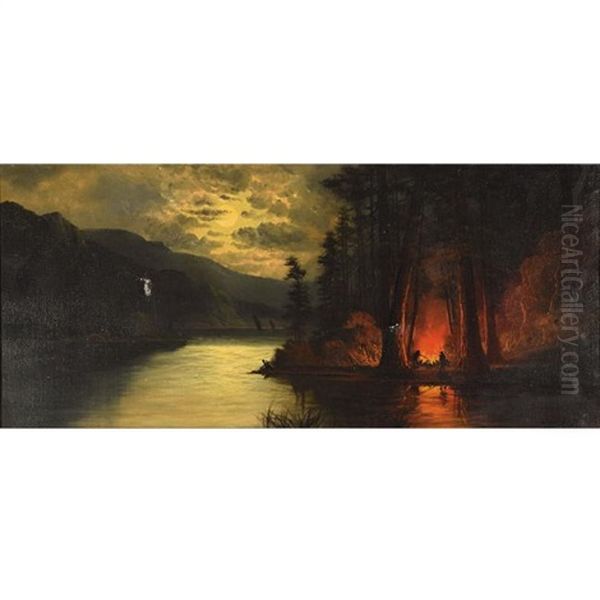 Mountain Night View With Men And Fire Oil Painting by John Englehart