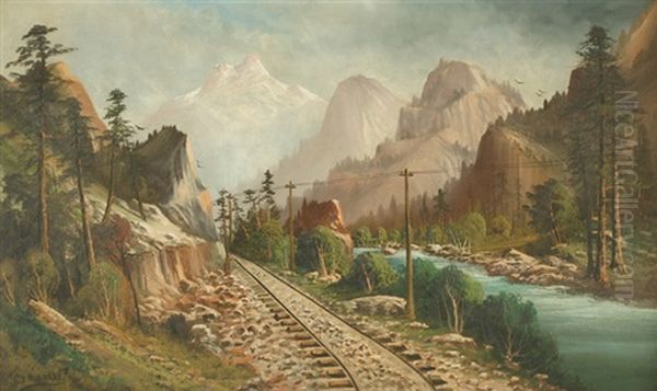 Landscape With River Valley And Train Tracks In The Foreground And Mountains Beyond Oil Painting by John Englehart