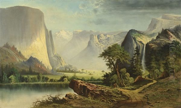 Untitled (yosemite, California, Monumental Landscape With Teepees, River And Mountains) Oil Painting by John Englehart