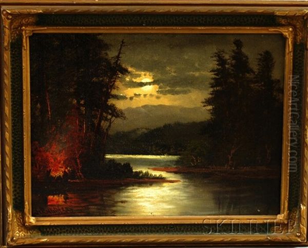 Campfire By A Moonlit Lake Oil Painting by John Englehart