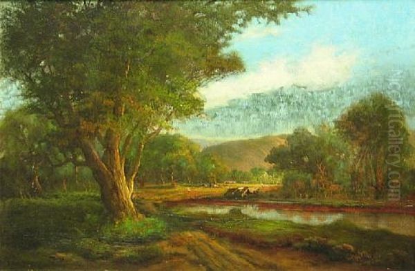 Landscape With Cows Watering At A Lake Oil Painting by John Englehart