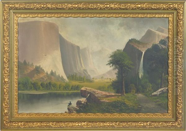 Yosemite, California Landscape With Man Fishing Off A Rock, Indian Walking Up Foot Path Oil Painting by John Englehart