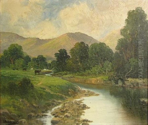 River Landscape With Mountains In The Distance Oil Painting by John Englehart