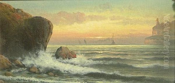 A Coastal View With A Lighthouse In The Distance Oil Painting by John Englehart