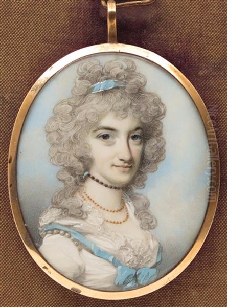 Portrait Of Lady Susan Westmorland, Bust Length In A White Dress With A Blue Ribbon Oil Painting by George Engleheart