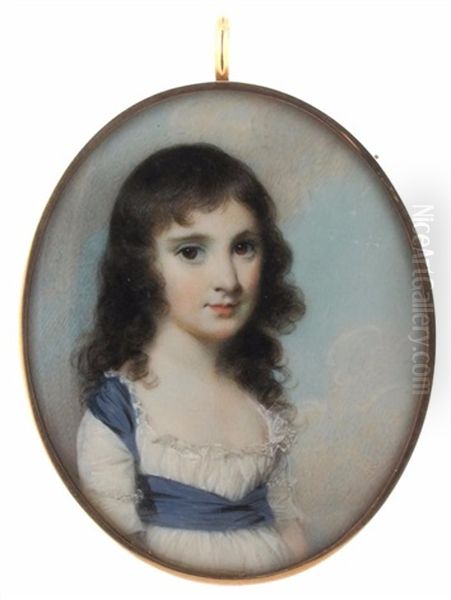 Portrait Miniature Of A Girl, Half Length, Wearing A Blue Sash Oil Painting by George Engleheart