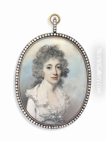 Mrs Catherine Greene, In White Dress With Frilled Collar And Blue Button, Powdered Curling Hair Oil Painting by George Engleheart