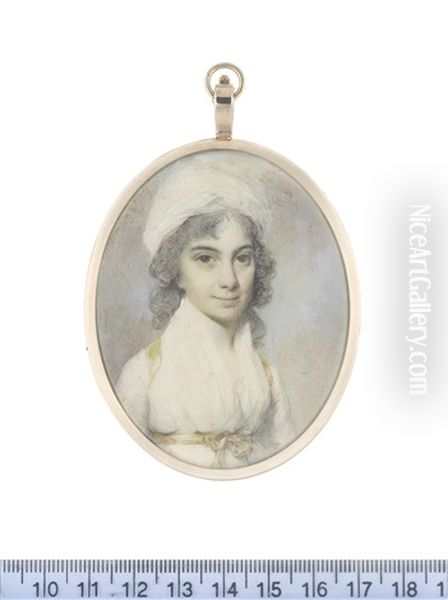 The Hon. Diana Biddulph, Wearing White Dress And Fichu Secured With Yellow Sash Ribbon Tied At Her Waist, Her Hair Lightly Powdered And Falling Behind Her Shoulders Beneath A White Turban Oil Painting by George Engleheart