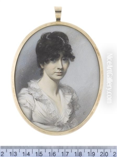 A Lady, Wearing White Dress With Frilled Neckline, Her Dark Hair Upswept And Dressed With A Strand Of Pearls Oil Painting by George Engleheart